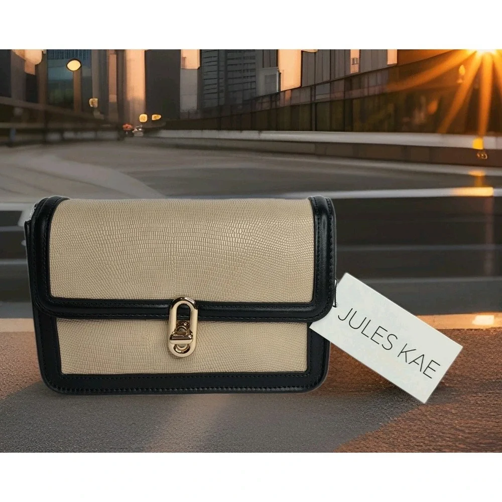 Jules Kae Mia Nude/Black Lizard Black‎ Vegan Leather Crossbody Purse Preppy NWT